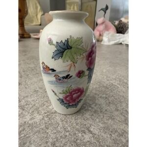 Floral Mini Vase 4" Ducks Birds Flowers White Porcelain Gold‎ Trim Vintage